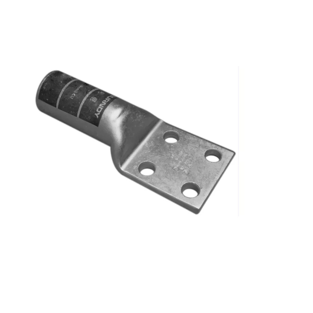 Burndy YA444N 1000 Copper Compression Lug, 4 Hole W/O Inspection Window, 1000 Kcmil, 1/2" Stud, 1-3/4" Stud Hole Spacing, Long Barrel, Tin Plated.