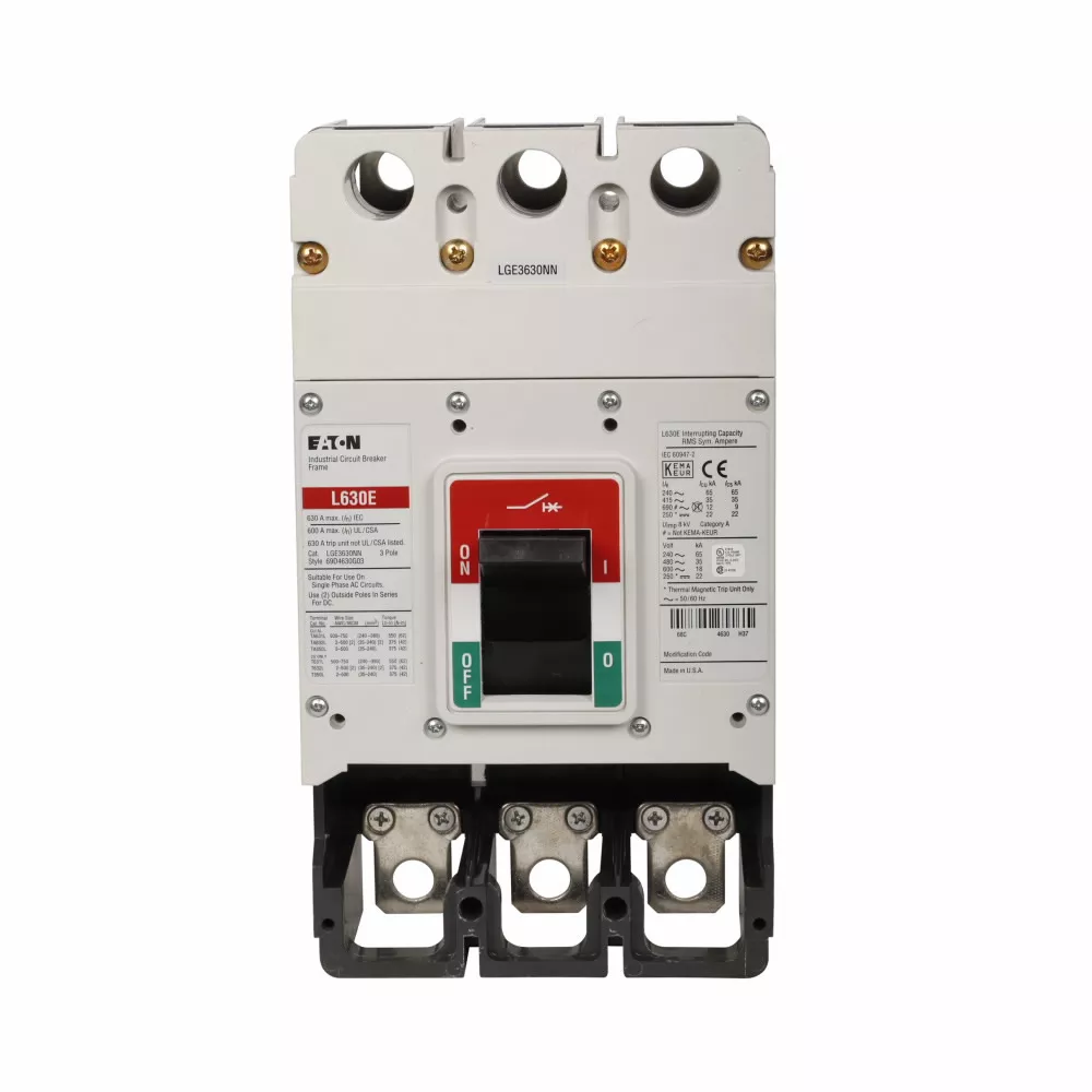 Cutler-Hammer LGE3630NN molded case circuit breaker accessory frame, Frame only, 630 A, 65 kAIC at 240 V, 35 kAIC at 480 V, 18 kAIC at 600 V, Three-pole, Frame only (no trip), Frame J-K, Series G