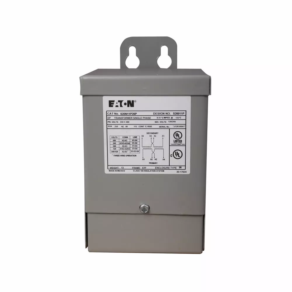 Cutler-Hammer S10N04P26P General-Purpose Encapsulated Transformer, EP, Single-phase, PV- 120 X 240V, Taps- None, SV- 12/24V, 115?C, .250 kVA, Al windings, Frame- 57P, Indoor-Outdoor.