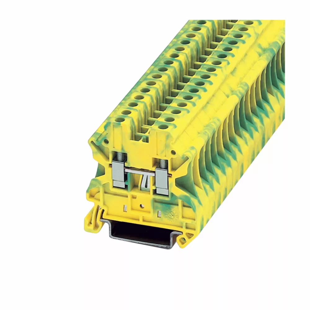 Cutler-Hammer XBUT4PE XB IEC terminal block, Screw connection single level ground block, Green/yellow, 10 AWG/4 mm2 maximum wire, IEC #26-12 AWG, EN #26-12 AWG, UL #26-12 AWG wire