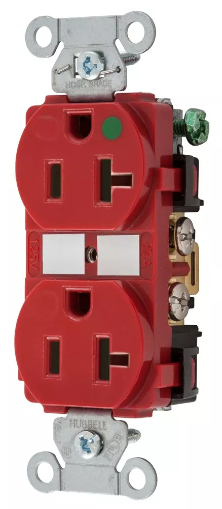 Hubbell 8300RED Straight Blade Device, Duplex Receptacle, Hospital Grade, Hubbell-Pro, 20A 125V, 2-Pole 3-Wire Grounding, 5-20R, Red