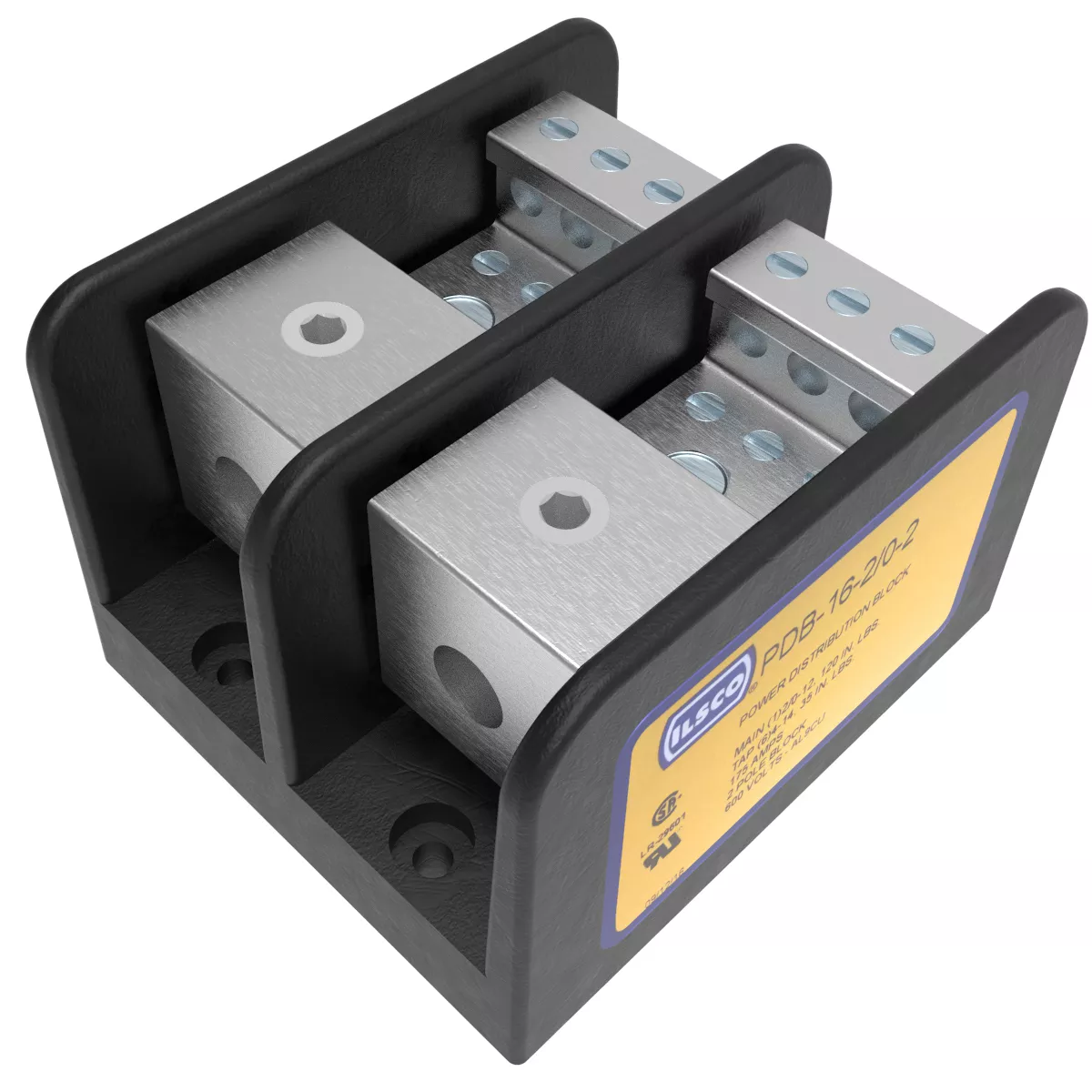 Ilsco PDB-16-2/0-2 Power Distribution Block, Dual Rated, Line Conductor Range 2/0-12, Load Range 4-14, 1 Port Per Pole Line Side, 6 Ports Per Pole Load Side, 2 Pole, UL, CSA
