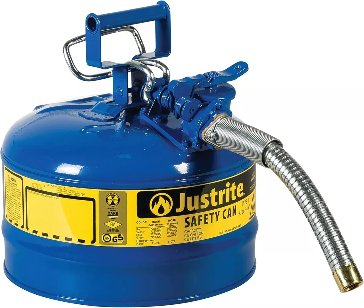 Justrite 7225330 Type II Blue Steel Gas Can 2.5 Gallon