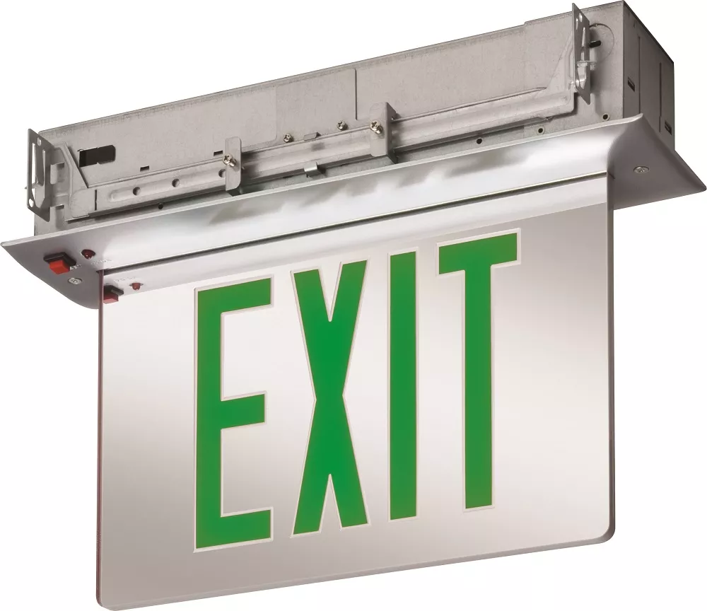 Lithonia EDGR-2-GMR-EL-M4 Recessed Mount LED Edge-Lit Exit Sign, Double Face, Green Lettering on Mirror, 120-277V w/Ni-Cad Battery, Brushed Aluminum Housing