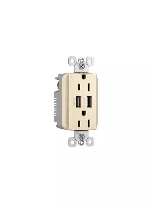 Pass & Seymour TM826USBLA Radiant 15A Tamper-Resistant Duplex Receptacle / (2) USB Outlets, Light Almond
