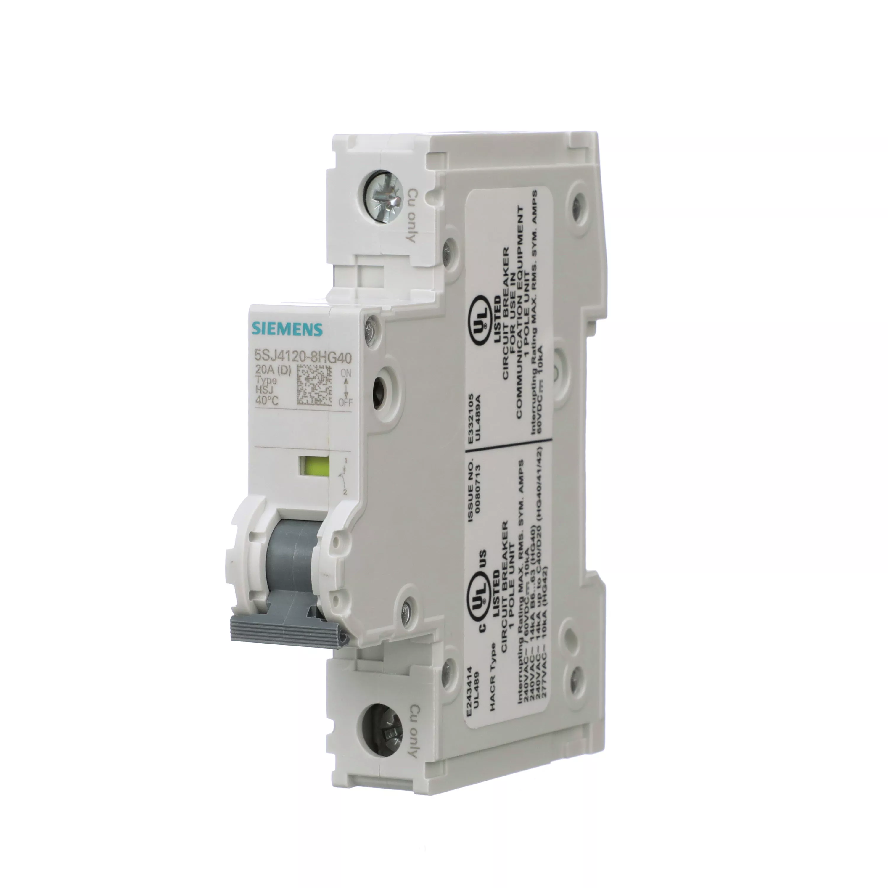 Siemens 5SJ4120-8HG40 UL489 20 Amp D Trip 1-Pole Same Phase Only Miniature Circuit Breaker