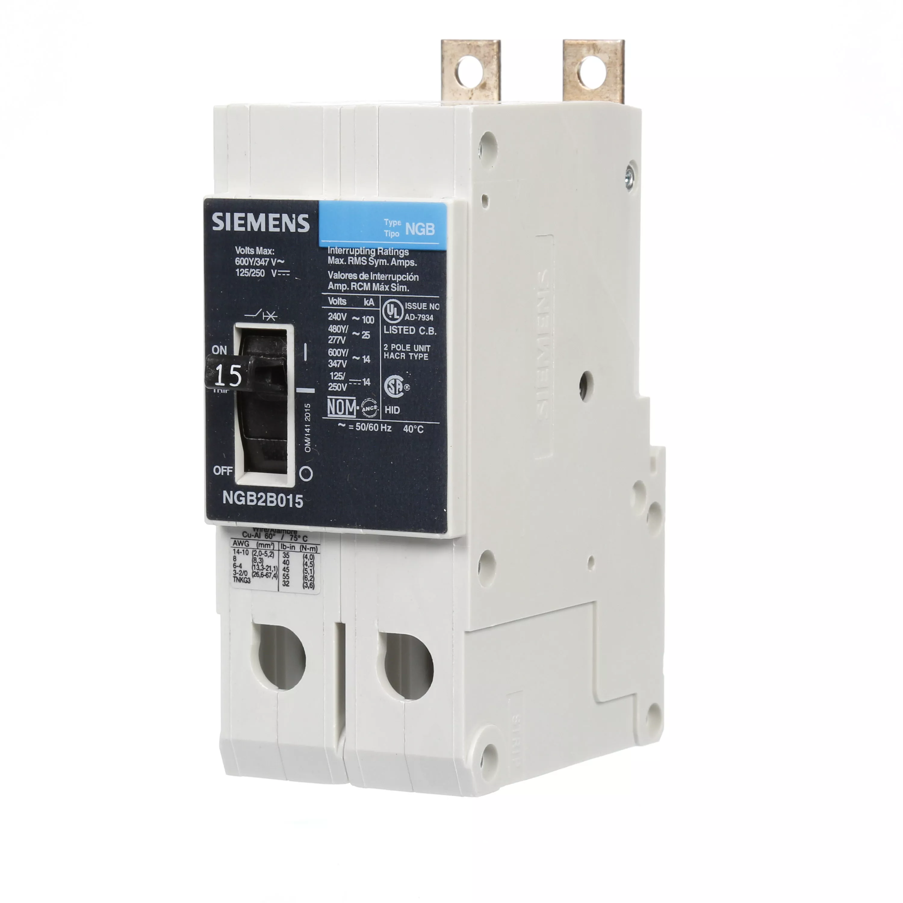 Siemens NGB2B015B 2-Pole 15 Amp 600 Volt 14 kA Molded Case Circuit Breaker