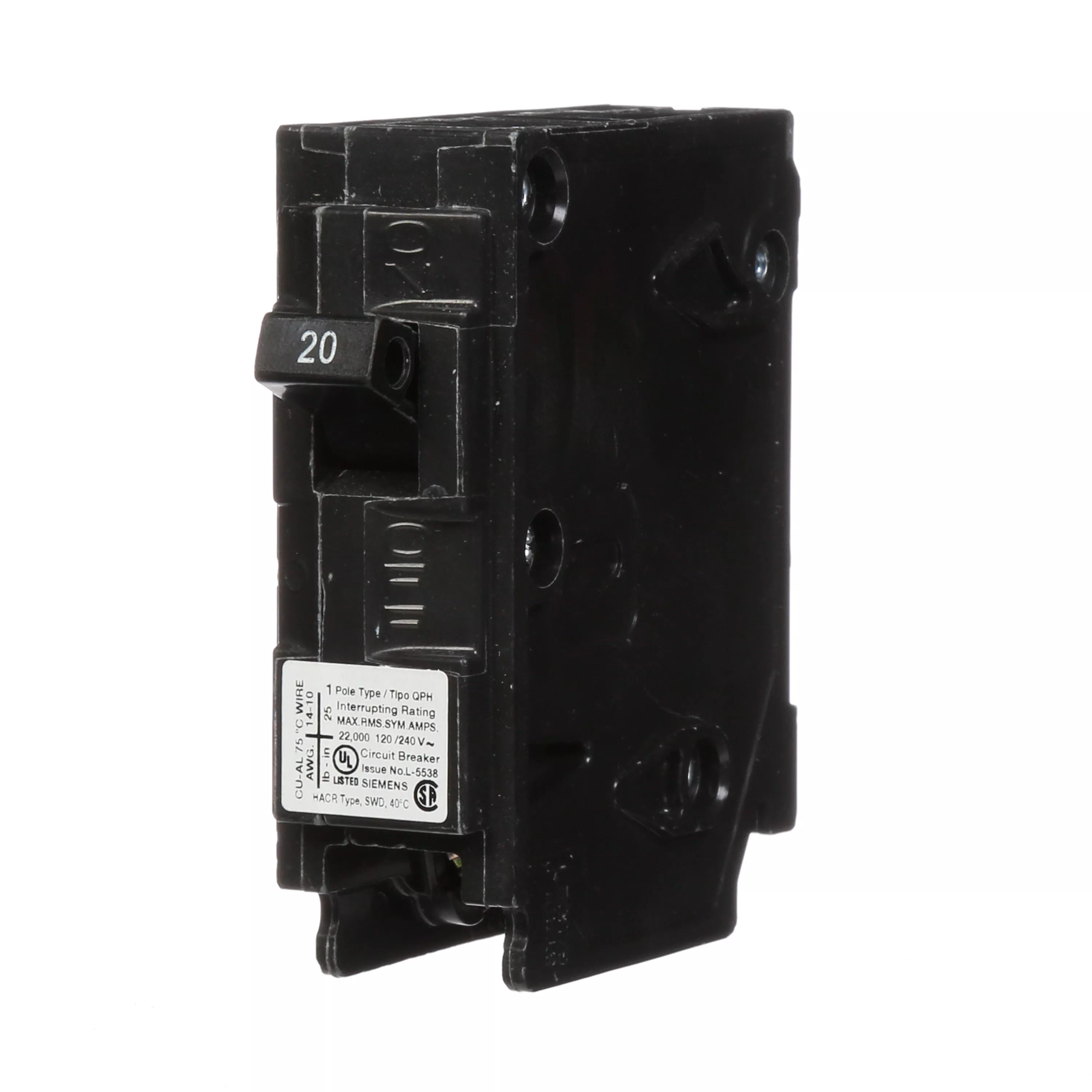 Siemens Q120H 120 Volt 20 Amp 22 kaic 1-Pole Type QPH Circuit Breaker